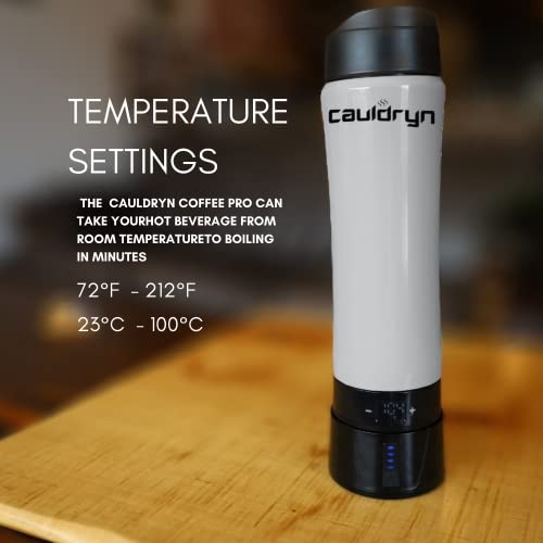 Cauldryn Coffee Temperature Control Travel Coffee Mug and Desktop Warmer, Smartphone via Bluetooth Control, Long Lasting Battery Powered Heated Portable Smart Mug, Stainless Steel, 16 oz, White