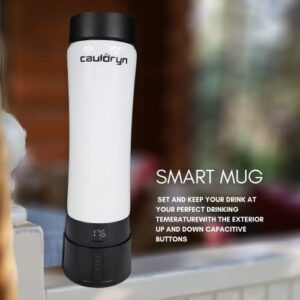 Cauldryn Coffee Temperature Control Travel Coffee Mug and Desktop Warmer, Smartphone via Bluetooth Control, Long Lasting Battery Powered Heated Portable Smart Mug, Stainless Steel, 16 oz, White