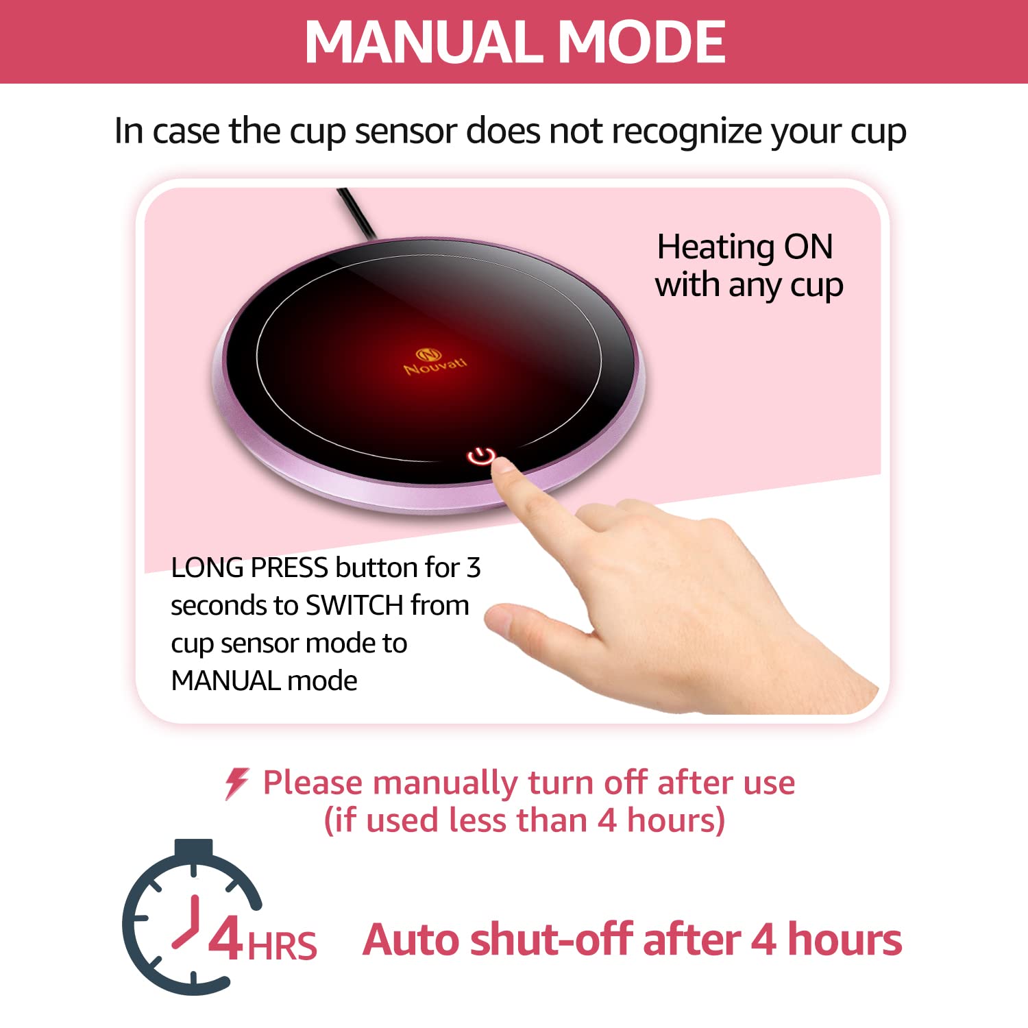 Nouvati Candle Warmer/Mug Warmer/Coffee Warmer for Desk Auto Shut-Off: Excellent Heating, 2 Heating Modes, Safety Features, Sleek Desig& Compact; Tea Warmer (Rose Pink 4H)