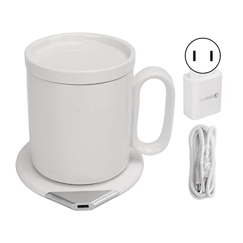 Coffee Warmer, Desk Self Heated Cup & Lid Set with Wireless Charging, Smart Recognition, for Keep Tea Coffee Milk Hot, Auto Shut Off, Waterproof Panel, for Office Home Desk(White)