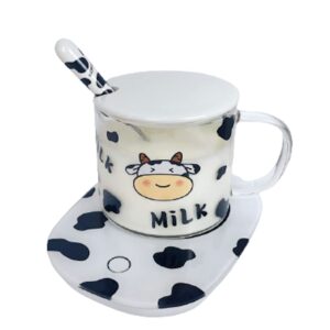 cow mug set with lid spoon and warmer, cute kawaii clear glass cow cup with ceramics lid auto shut off mug warmer breakfast coffee tea milk heating home office desk use (a set)