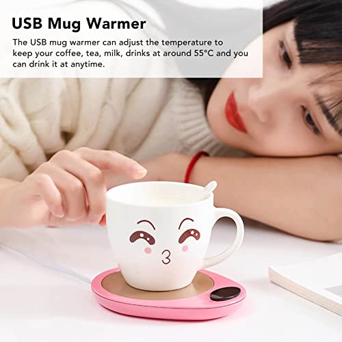 USB Mug Warmer Constant Temp Waterproof Adjustable Electric Beverage Heating Plate for Ceramic Coffee Cups (Pink White)