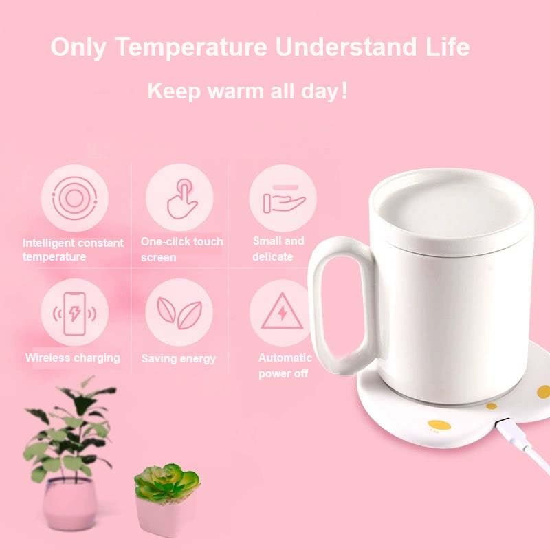 Ebooine Smart Coffee Mug Warmer Self-Heating Cup, 131°F or 104°F Temperature Selection, 12 oz, Black, Fast Wireless Charger Base Automatic Shut Off Function