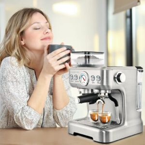 CASABREWS Espresso Machine With Grinder, Professional Espresso Maker With Milk Frother Steam Wand, Barista Latte Machine With Removable Water Tank for Cappuccinos or Macchiatos, Gift for Mom Dad