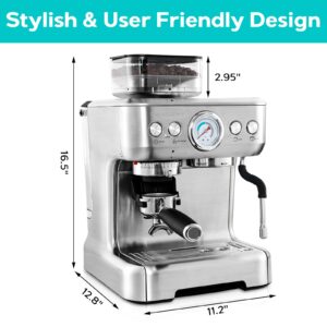 CASABREWS Espresso Machine With Grinder, Professional Espresso Maker With Milk Frother Steam Wand, Barista Latte Machine With Removable Water Tank for Cappuccinos or Macchiatos, Gift for Mom Dad