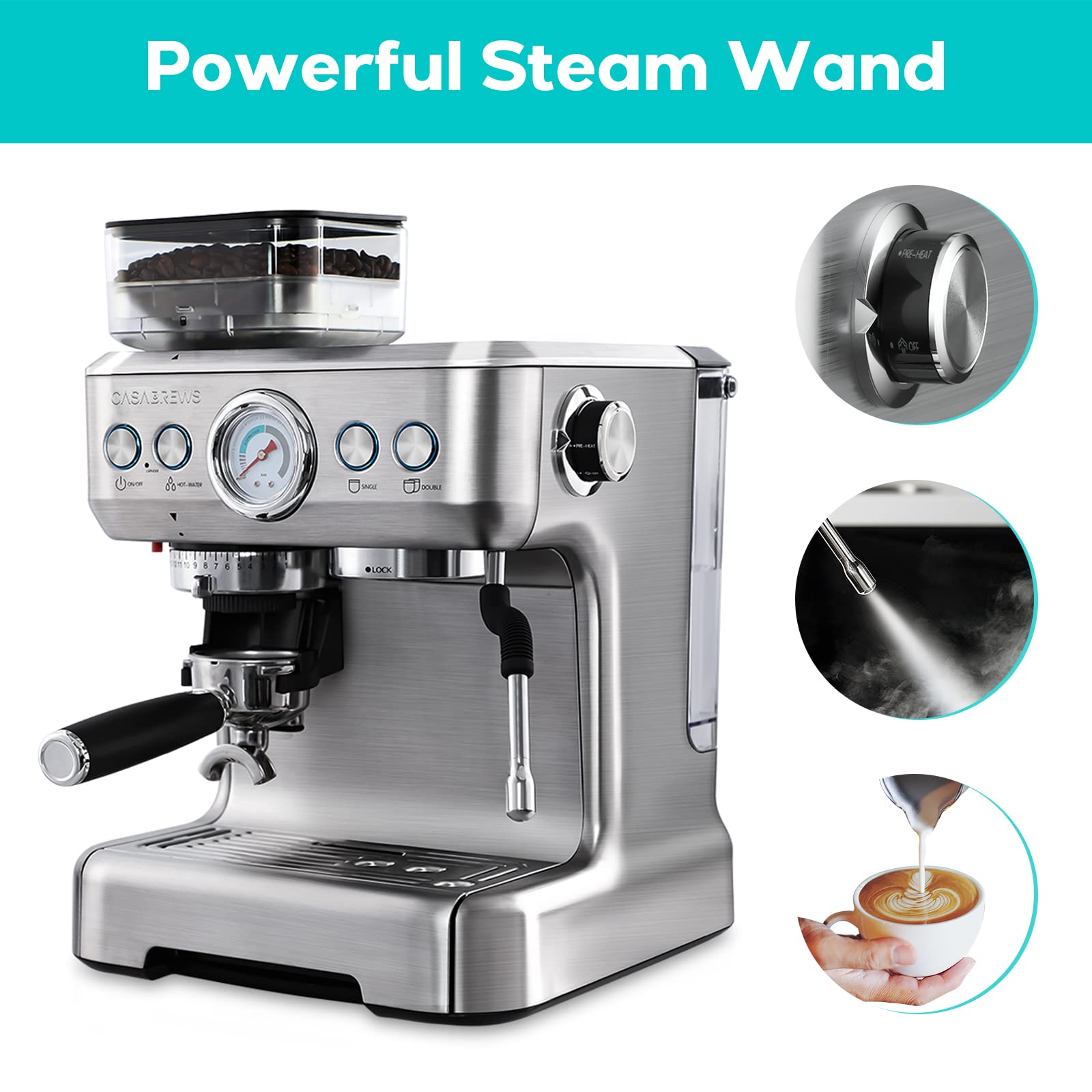 CASABREWS Espresso Machine With Grinder, Professional Espresso Maker With Milk Frother Steam Wand, Barista Latte Machine With Removable Water Tank for Cappuccinos or Macchiatos, Gift for Mom Dad