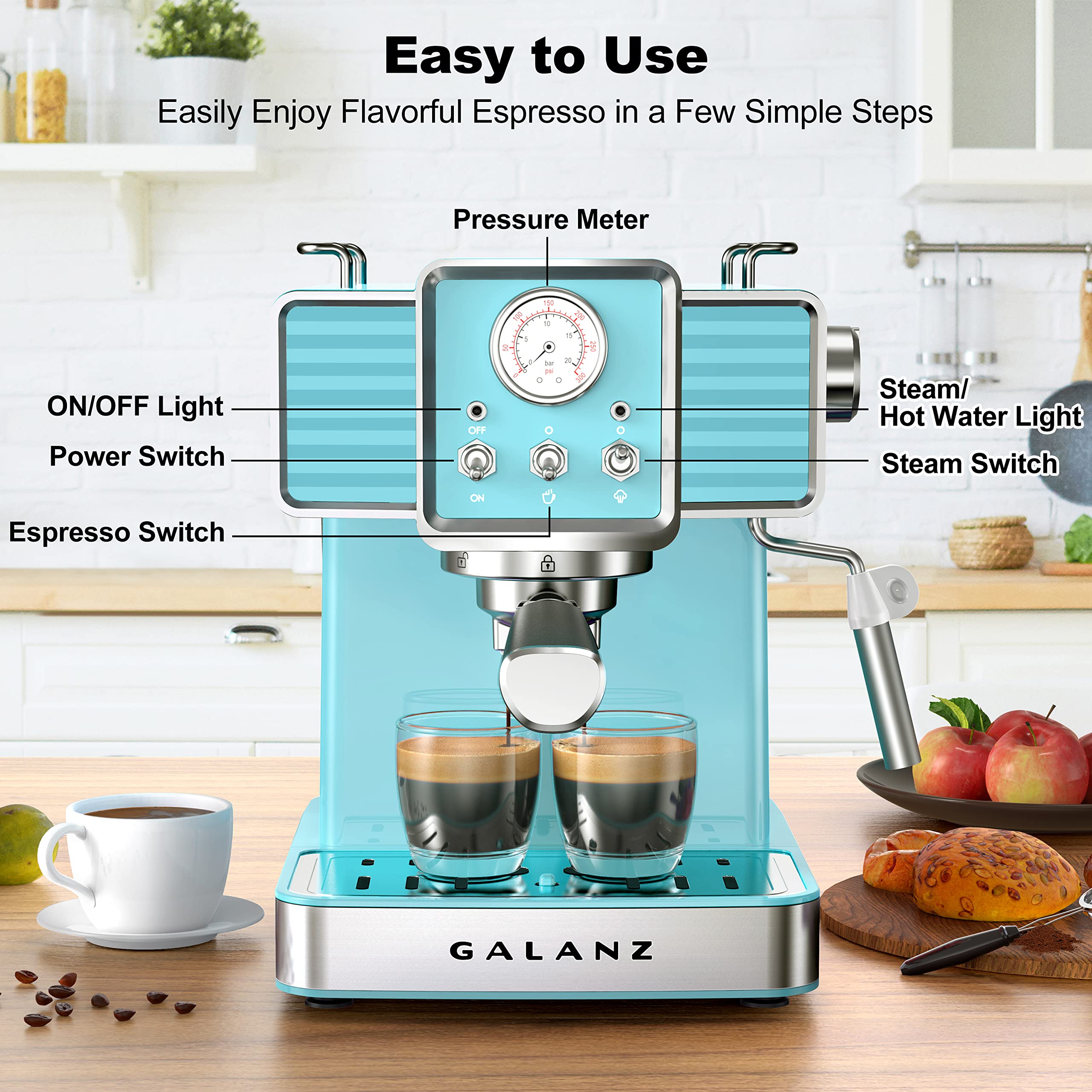 Galanz Retro Espresso Machine with Milk Frother, 15 Bar Pump Professional Cappuccino and Latte Machine, 1.5L Removable Water Tank, Retro Blue, 1350 W