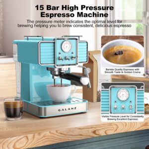 Galanz Retro Espresso Machine with Milk Frother, 15 Bar Pump Professional Cappuccino and Latte Machine, 1.5L Removable Water Tank, Retro Blue, 1350 W