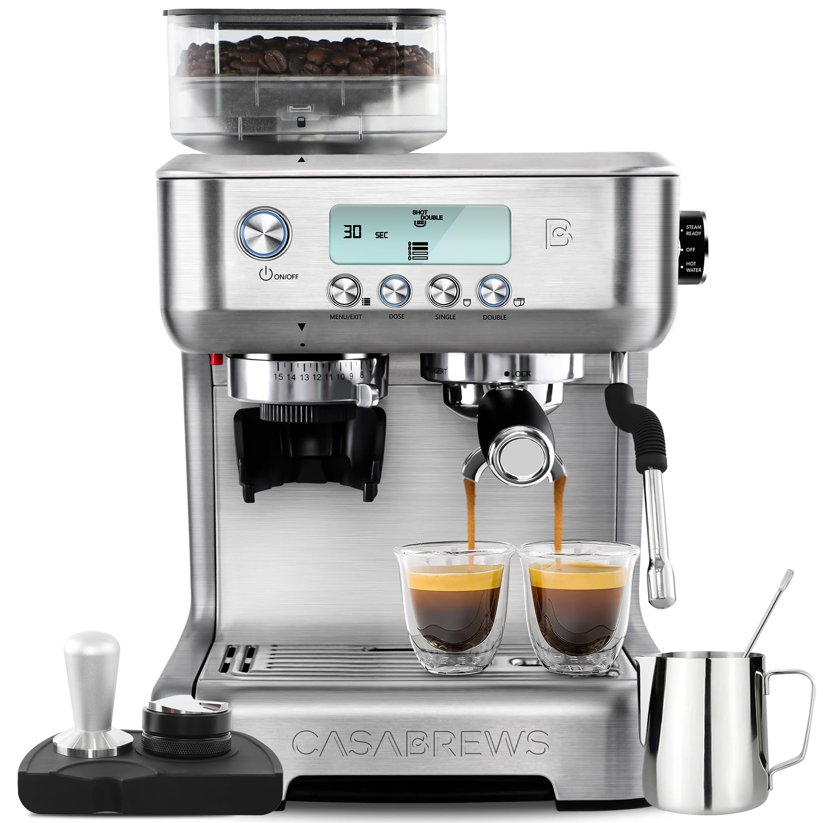 CASABREWS Espresso Machine with Grinder, Professional Espresso Maker with Milk Frother Steam Wand, 20 Bar Barista Cappuccino Machine with LCD Display for Lattes, Gift for Dad Mom Wife or Coffee Lover