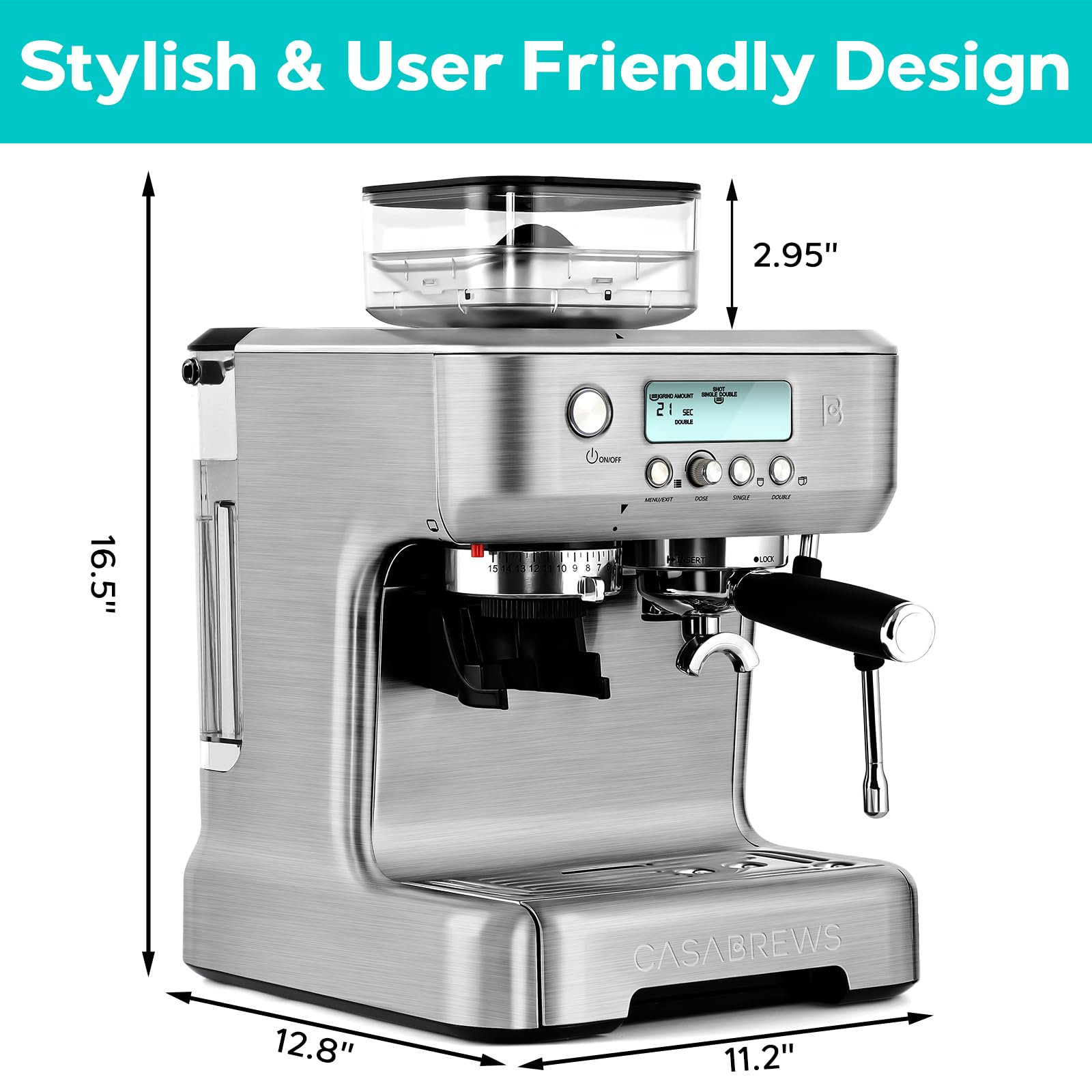 CASABREWS Espresso Machine with Grinder, Professional Espresso Maker with Milk Frother Steam Wand, 20 Bar Barista Cappuccino Machine with LCD Display for Lattes, Gift for Dad Mom Wife or Coffee Lover