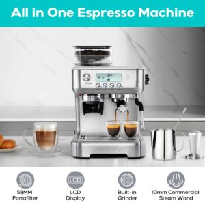 CASABREWS Espresso Machine with Grinder, Professional Espresso Maker with Milk Frother Steam Wand, 20 Bar Barista Cappuccino Machine with LCD Display for Lattes, Gift for Dad Mom Wife or Coffee Lover