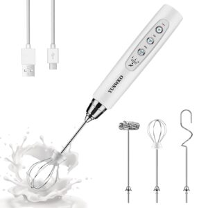 yuswko rechargeable milk frother handheld with 3 heads, cream coffee electric whisk drink foam mixer, mini hand stirrer with 3 speeds adjustable for latte, cappuccino, hot chocolate, egg