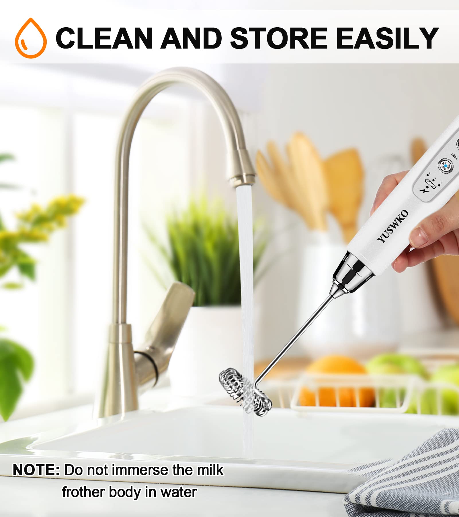 YUSWKO Rechargeable Milk Frother Handheld with 3 Heads, Cream Coffee Electric Whisk Drink Foam Mixer, Mini Hand Stirrer with 3 Speeds Adjustable for Latte, Cappuccino, Hot Chocolate, Egg