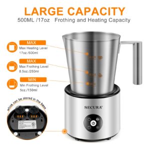 Secura Automatic Milk Frother, 4-in-1 Electric Milk Steamer, 17oz Detachable Hot/Cold Foam Maker, Milk Warmer for Latte, Cappuccinos, Macchiato, Hot Chocolate, with Silicone Spatula & 2 Whisks