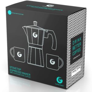Coffee Gator Moka Pot - 6 Cup, Stovetop Espresso Maker - Classic Italian and Cuban Coffee Percolator w/ 2 Stainless-Steel Cups – Matte Grey Aluminum