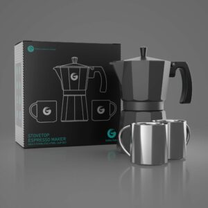 Coffee Gator Moka Pot - 6 Cup, Stovetop Espresso Maker - Classic Italian and Cuban Coffee Percolator w/ 2 Stainless-Steel Cups – Matte Grey Aluminum