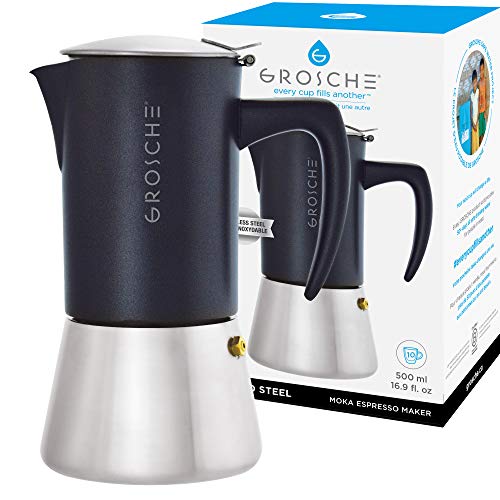 GROSCHE Milano Steel | 10 Espresso Cup | Stovetop Espresso Maker: Stainless Steel Moka Pot for Greca, Induction, Electric & Gas Stoves | Dishwasher Safe Stovetop Espresso Maker Moka Pot