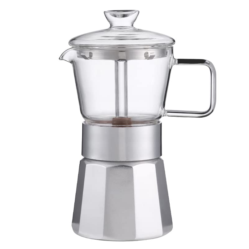 SIXAQUAE Moka Stovetop Espresso Maker,Crystal Glass-top & Aluminum Espresso Moka Pot,Classic Italian coffee maker,120ml(3cup)