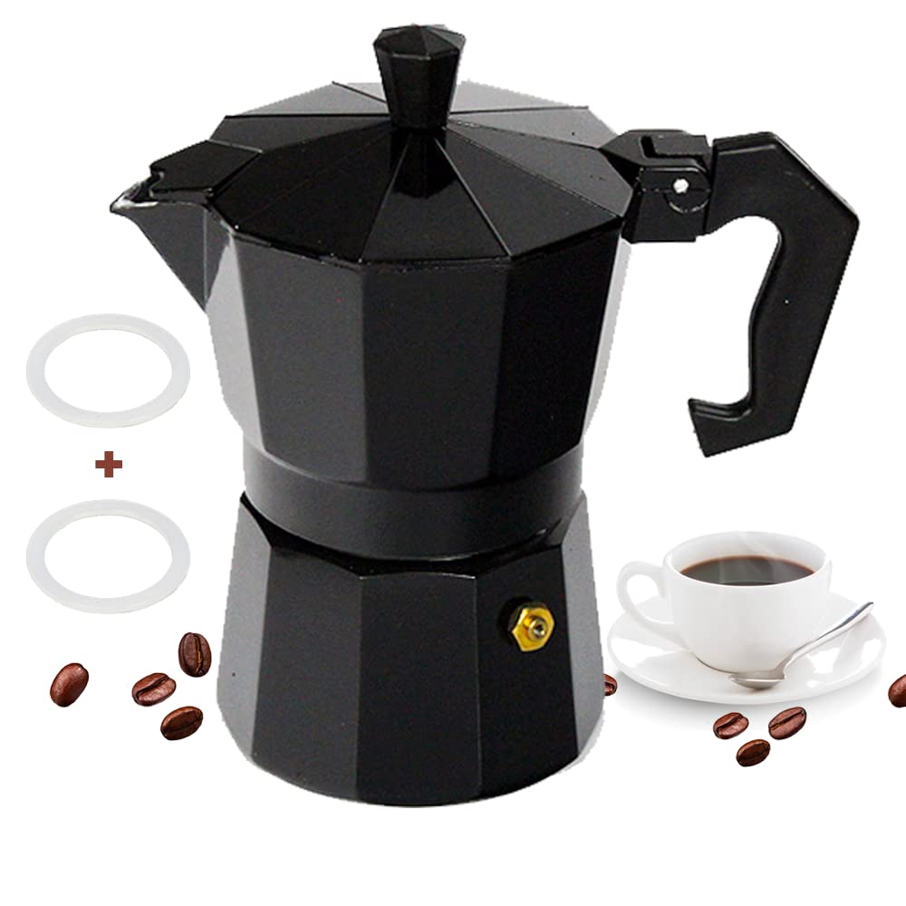 Stovetop Espresso Maker, Aluminium Stovetop Coffee Maker Pots, Moka Pot for Classic Espresso, 6 Cup 10 Oz, Moka Pot Italian Coffee Maker for Home and Camping, Comes with 2 rubber rings (Black)