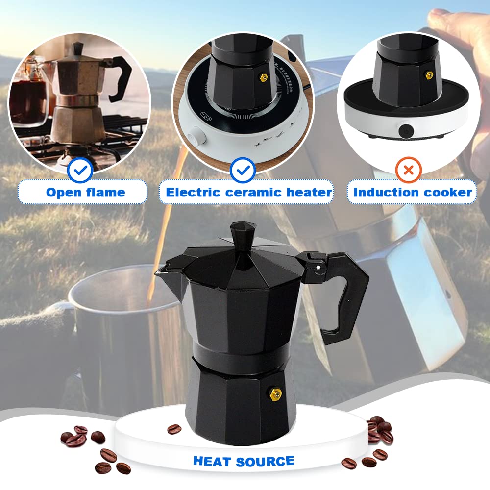 Stovetop Espresso Maker, Aluminium Stovetop Coffee Maker Pots, Moka Pot for Classic Espresso, 6 Cup 10 Oz, Moka Pot Italian Coffee Maker for Home and Camping, Comes with 2 rubber rings (Black)