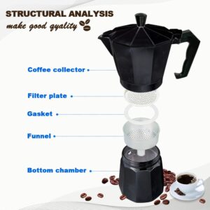 Stovetop Espresso Maker, Aluminium Stovetop Coffee Maker Pots, Moka Pot for Classic Espresso, 6 Cup 10 Oz, Moka Pot Italian Coffee Maker for Home and Camping, Comes with 2 rubber rings (Black)