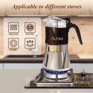 Moka Pot - Rumia Stovetop Espresso Maker, Crystal Glass & Stainless Steel Moka Pot, 6 Espresso Cup/240 ml/8.5 oz for Strong Coffee Maker, Dishwasher Safe, Classic Percolator Italian Style