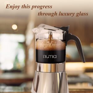 Moka Pot - Rumia Stovetop Espresso Maker, Crystal Glass & Stainless Steel Moka Pot, 6 Espresso Cup/240 ml/8.5 oz for Strong Coffee Maker, Dishwasher Safe, Classic Percolator Italian Style