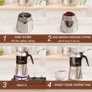 Moka Pot - Rumia Stovetop Espresso Maker, Crystal Glass & Stainless Steel Moka Pot, 6 Espresso Cup/240 ml/8.5 oz for Strong Coffee Maker, Dishwasher Safe, Classic Percolator Italian Style