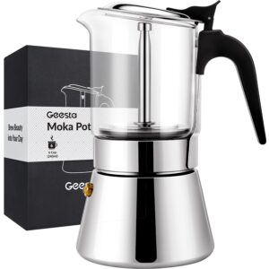 geesta premium crystal glass-top stovetop espresso moka pot - 4 / 6/ 9 cups stainless steel coffee maker- 240ml/8.5oz/6 cup (espresso cup=40ml)