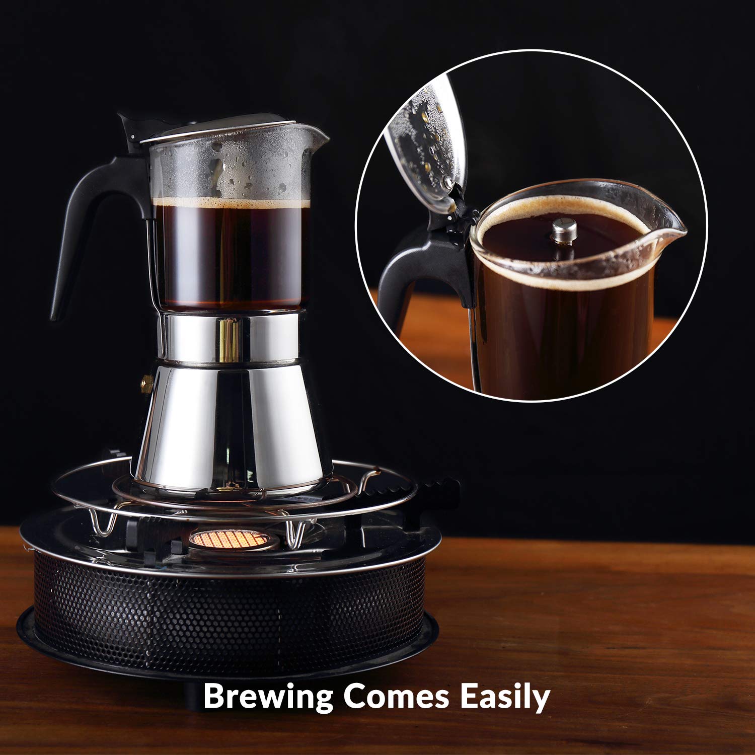 GEESTA Premium Crystal Glass-Top Stovetop Espresso Moka Pot - 4 / 6/ 9 Cups Stainless Steel Coffee Maker- 240ml/8.5oz/6 cup (espresso cup=40ml)