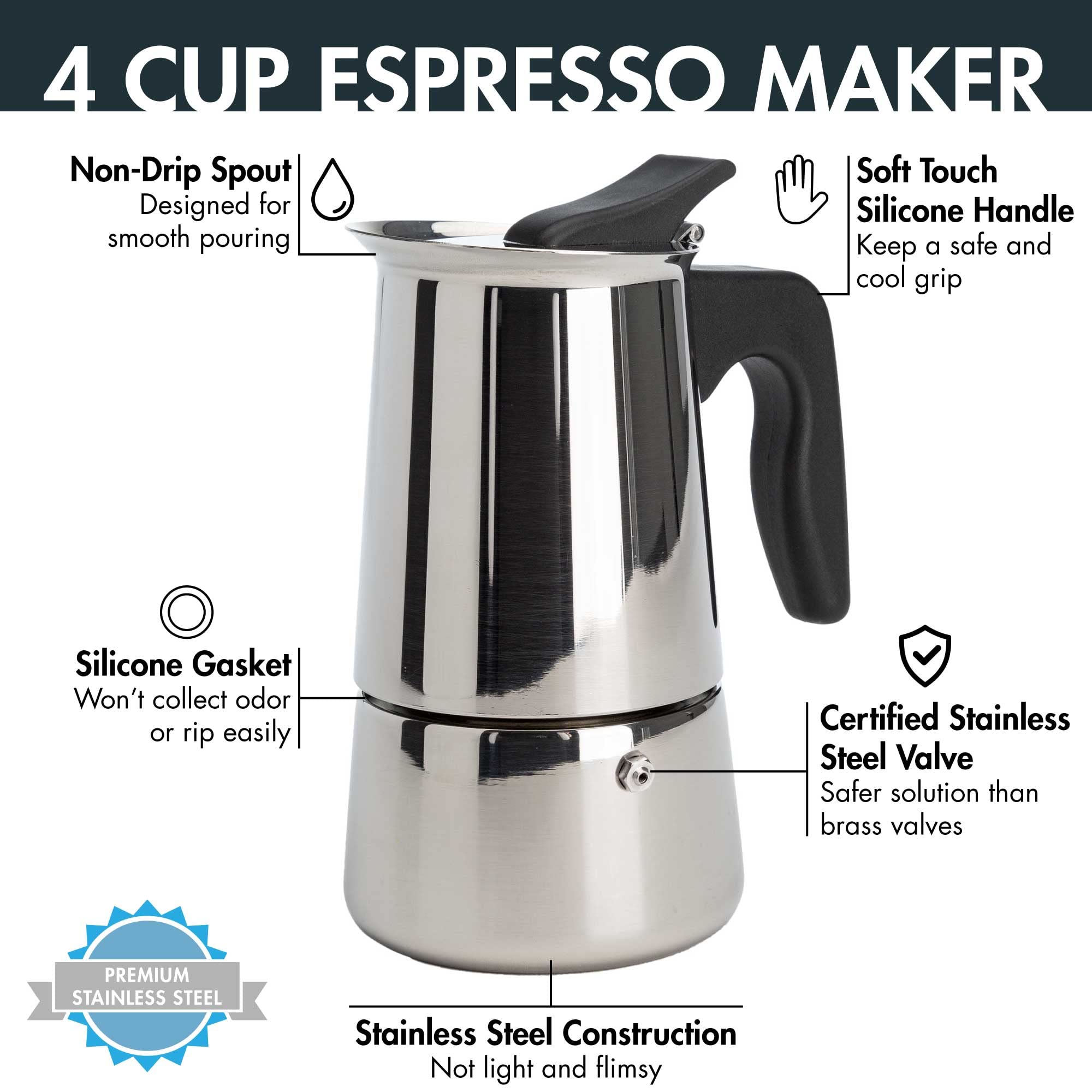 Primula Stainless Steel Stovetop Espresso Coffee Maker, 4-Cup, 3.5"D x 5"W x 7"H, Black Handle