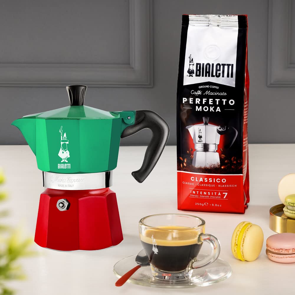 Bialetti - Moka Express Italia Collection: Iconic Stovetop Espresso Maker, Makes Real Italian Coffee, Moka Pot 3 Cups (4.3 Oz - 130 Ml), Aluminium, Colored in Red Green Silver