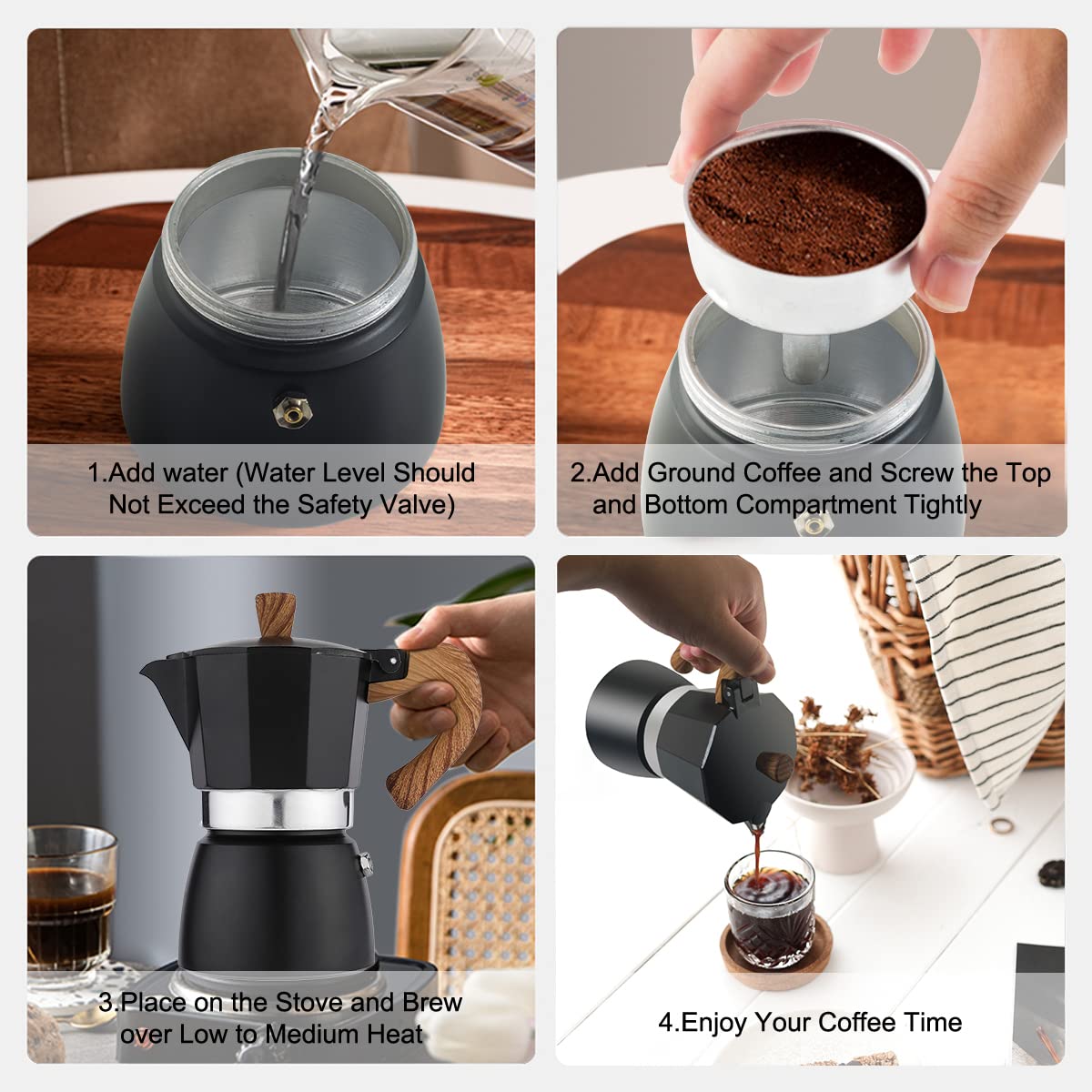 Upspirit Moka Pot,Stovetop Espresso Maker italian Coffee Maker,Camping Coffee Pot Portable Cafetera, 6 Cups (Black)