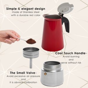 Mixpresso Stovetop Espresso Coffee Maker 15oz/9 Espresso Cup, Moka Coffee Pot with Coffee Percolator Design, Stainless Steel Stovetop Espresso Maker, Italian Coffee Maker, Red Coffee Maker