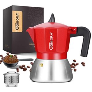 ogni ora stovetop espresso maker moka pot, red 4 cup(150 ml) camping coffee pot double valve design espresso coffee maker suitable for gas, induction, electric pottery stove