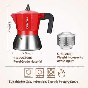 OGNI ORA Stovetop Espresso Maker Moka Pot, Red 4 Cup(150 ml) Camping Coffee Pot Double Valve Design Espresso Coffee Maker Suitable for Gas, Induction, Electric Pottery Stove