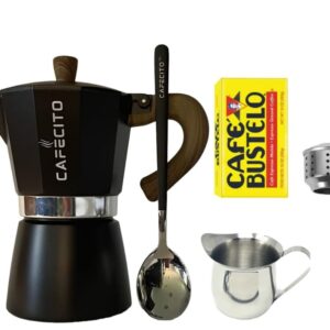 Cuban Coffee Starter Kit | Cafecito 6 Cups Moka Pot Set | Cafetera Cubana Stovetop Espresso Maker Set | Anti-Splash Valve Included