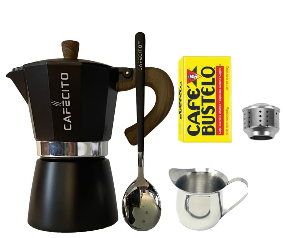 Cuban Coffee Starter Kit | Cafecito 6 Cups Moka Pot Set | Cafetera Cubana Stovetop Espresso Maker Set | Anti-Splash Valve Included