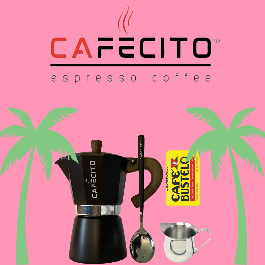 Cuban Coffee Starter Kit | Cafecito 6 Cups Moka Pot Set | Cafetera Cubana Stovetop Espresso Maker Set | Anti-Splash Valve Included