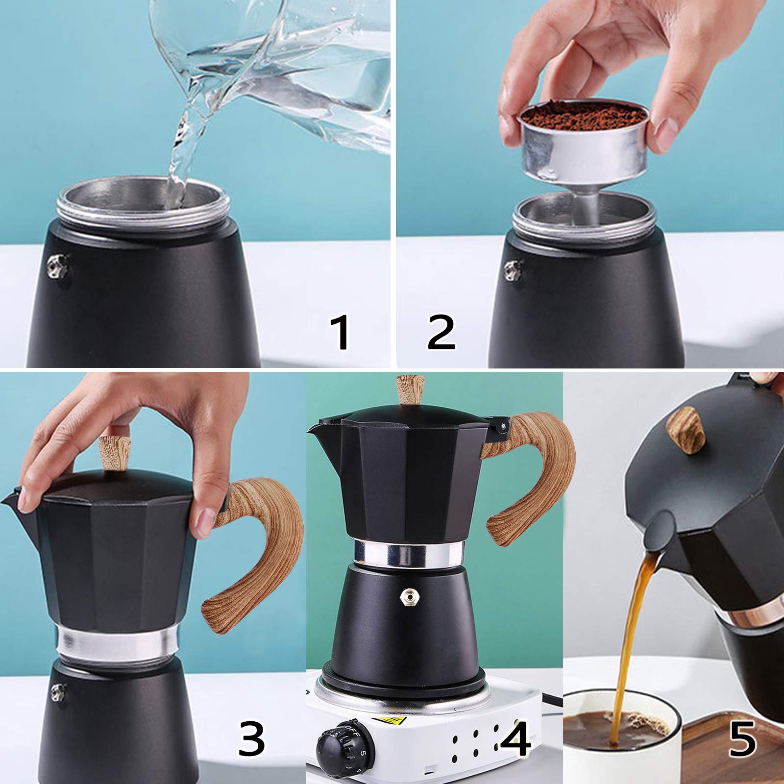 AIFUSI Moka Pot, Italian Coffee Pot 6 Cup/10 oz Stovetop Espresso Maker Stovetop Camping Manual Cuban Coffee Percolator Machine Italian Espresso Greca Coffee Maker Brewer Percolator