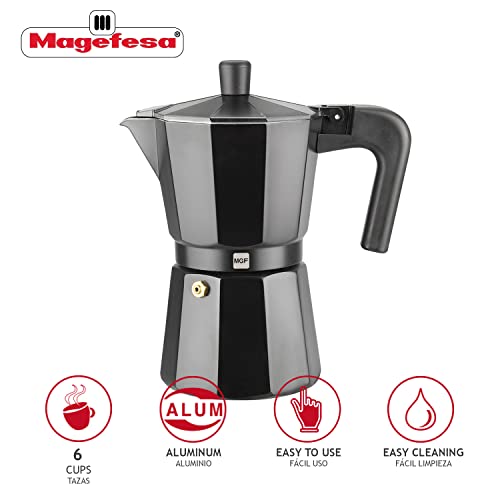 MAGEFESA ® Kenia Noir Stovetop Espresso Coffee Maker, 6 cups / 10 oz, make your own home italian coffee with this moka pot cuban cooffe, made in black enamelled aluminum, safe and easy to use, café