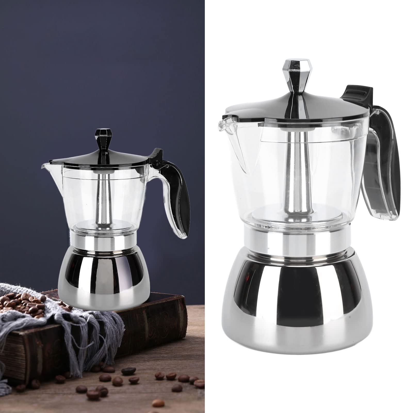 Fdit Classic Stovetop Maker, 6 Cups Stainless Steel Coffee Pot Italian Octagonal Household Brewing Cup Coffee Moka Pot