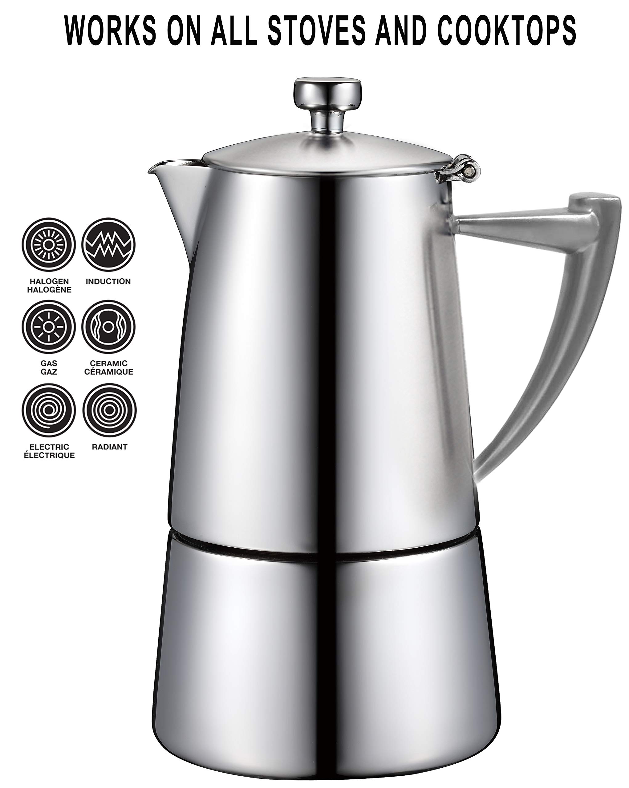 CUISINOX Roma Satin Stainless Steel Moka Pot Stovetop Espresso Maker, 10-Cup