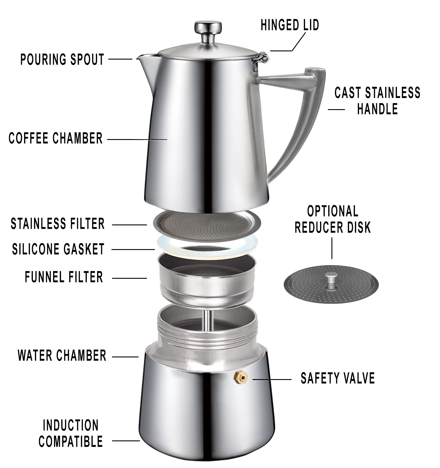 CUISINOX Roma Satin Stainless Steel Moka Pot Stovetop Espresso Maker, 10-Cup