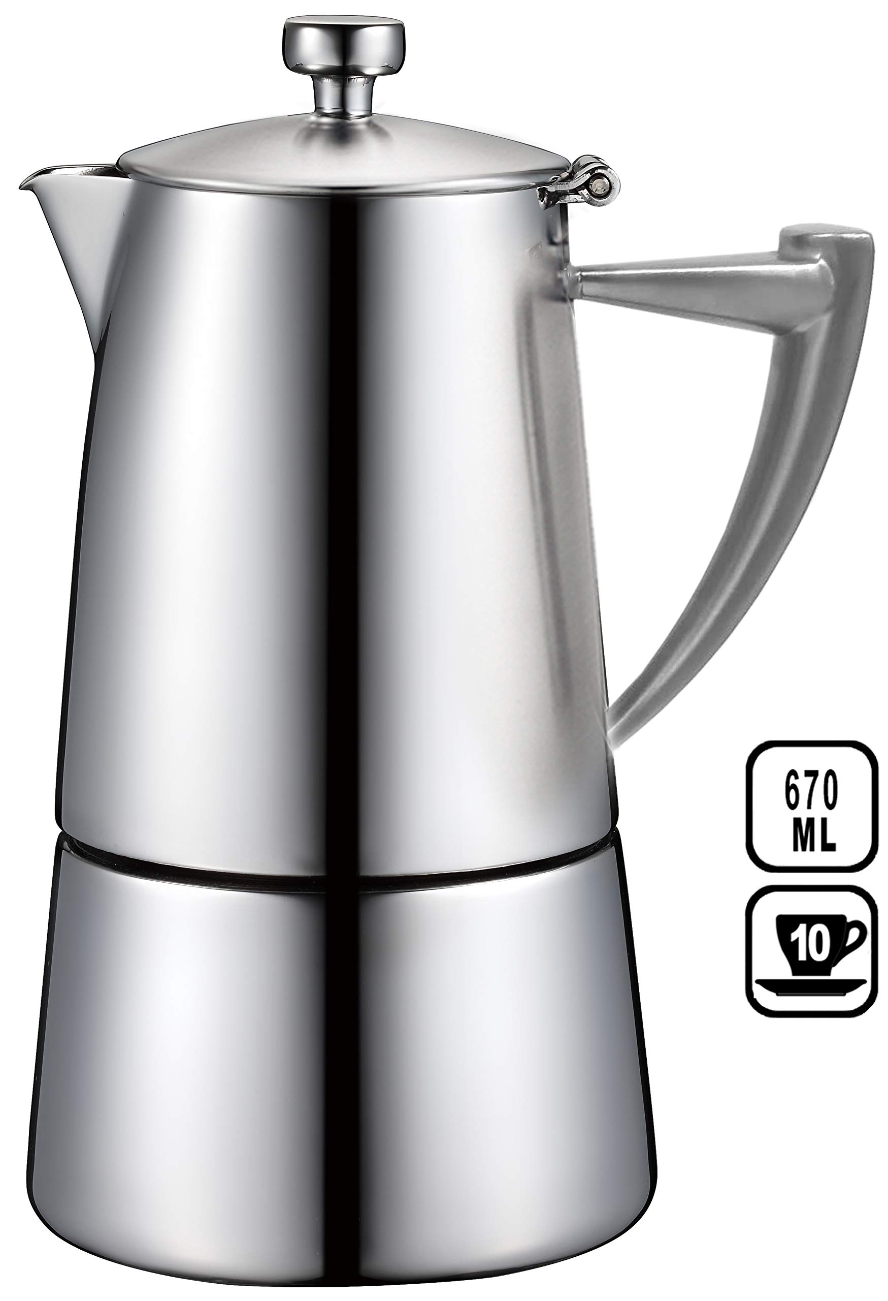 CUISINOX Roma Satin Stainless Steel Moka Pot Stovetop Espresso Maker, 10-Cup