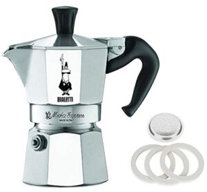 original bialetti 1-espresso cup moka express | espresso maker machine with extra genuine bialetti replacement filter and three gaskets bundle (1-cup, 2.0 fl oz, 60 ml)