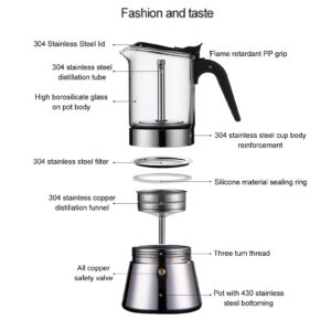 Moka Pot, Stainless Steel Coffee Maker with Crystal Glass Lid, Classic Stovetop Espresso Maker for Classic Italian Coffee, Express Moka Pot for Cuban Cafe Brewing, Quick Cleanup