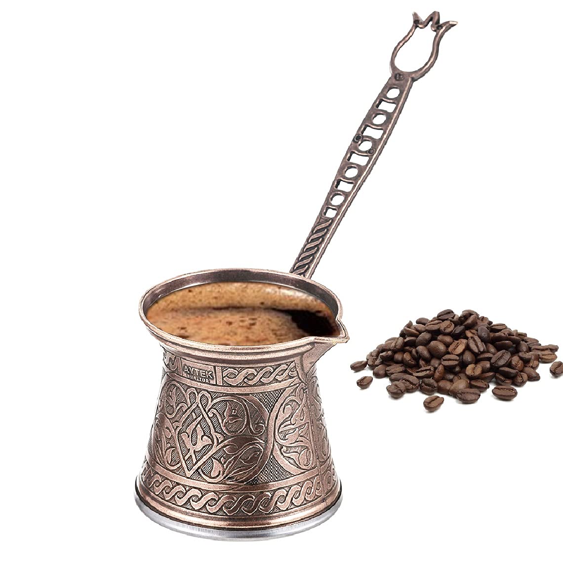 Turkish Coffee Pot, Moka Pot, Espresso Maker for the Stove Top, Camping Coffee Pot, Handmade Greek Arabic Coffee Warmer Cezve with Brass Handle, Stainless Steel Inside (Large 10.7 oz, Copper)