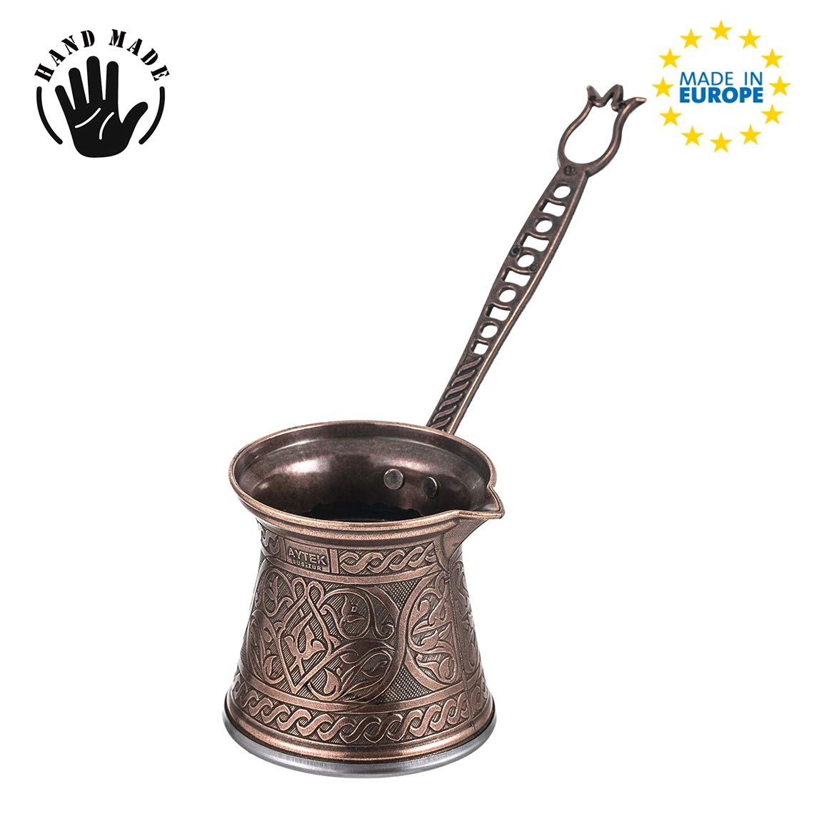 Turkish Coffee Pot, Moka Pot, Espresso Maker for the Stove Top, Camping Coffee Pot, Handmade Greek Arabic Coffee Warmer Cezve with Brass Handle, Stainless Steel Inside (Large 10.7 oz, Copper)
