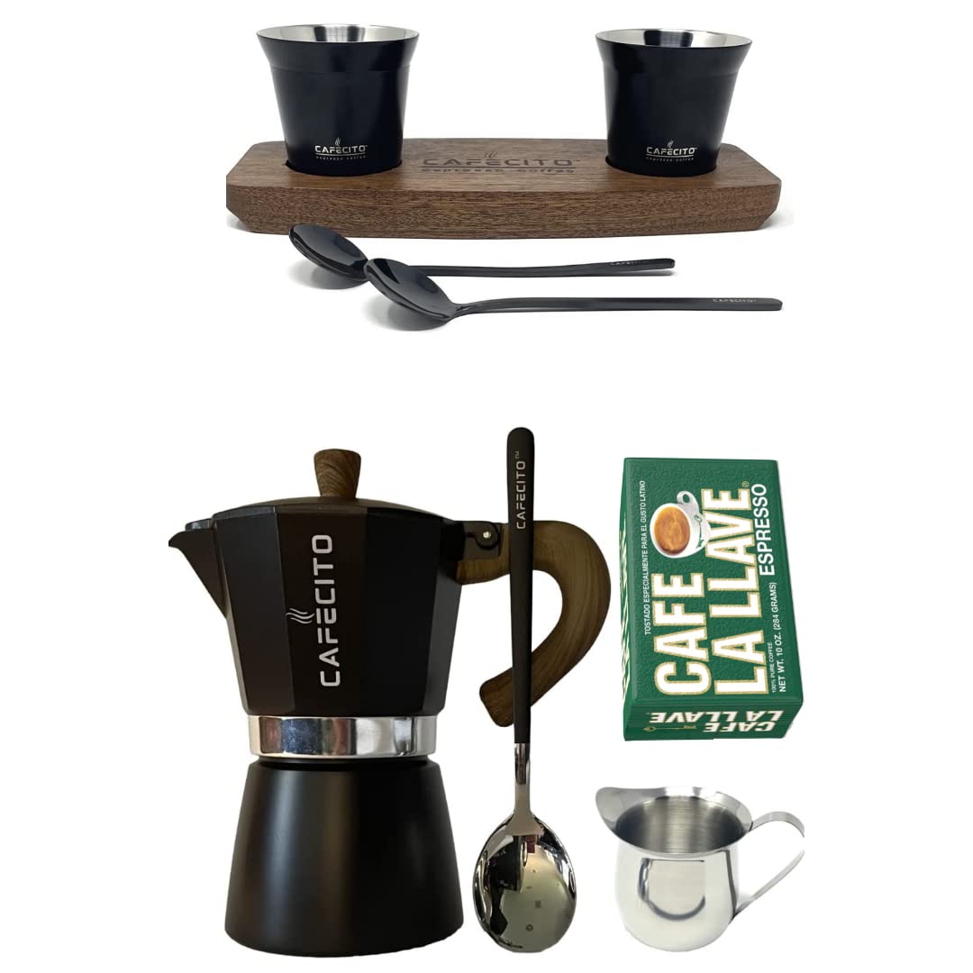 Cuban Coffee Deluxe Kit | Cafecito 6 Cups Moka Pot and Cups Set | Cafetera Cubana Stovetop Espresso Maker Set